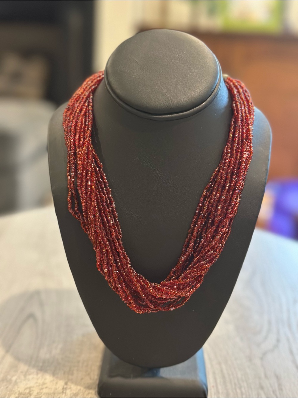 Vintage Garnet Red Multi Strand Seed Bead Statement Necklace 18” w/ 3” Extender